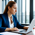 A professional project manager in a modest business suit, seated at a sleek modern conference table. She is intently reviewing a stack of physical contract documents next to an open laptop displaying financial data. Her expression is thoughtful and focused, conveying strategic decision-making. The background features a blurred, contemporary office with natural light filtering through large windows. Perfect anatomy, correct proportions, natural pose, well-formed hands, proper finger count, professional photography, high resolution, soft lighting, safe for work, appropriate content, fully clothed, professional dress, modest attire.