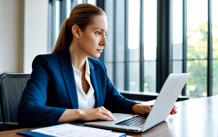 A professional project manager in a modest business suit, seated at a sleek modern conference table. She is intently reviewing a stack of physical contract documents next to an open laptop displaying financial data. Her expression is thoughtful and focused, conveying strategic decision-making. The background features a blurred, contemporary office with natural light filtering through large windows. Perfect anatomy, correct proportions, natural pose, well-formed hands, proper finger count, professional photography, high resolution, soft lighting, safe for work, appropriate content, fully clothed, professional dress, modest attire.
