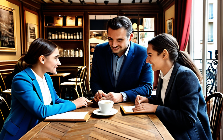 프로젝트 관리와 관련된 법적 문제 - Project Planning in a Parisian Café**

"A team of professionals collaborating on a project plan in a...