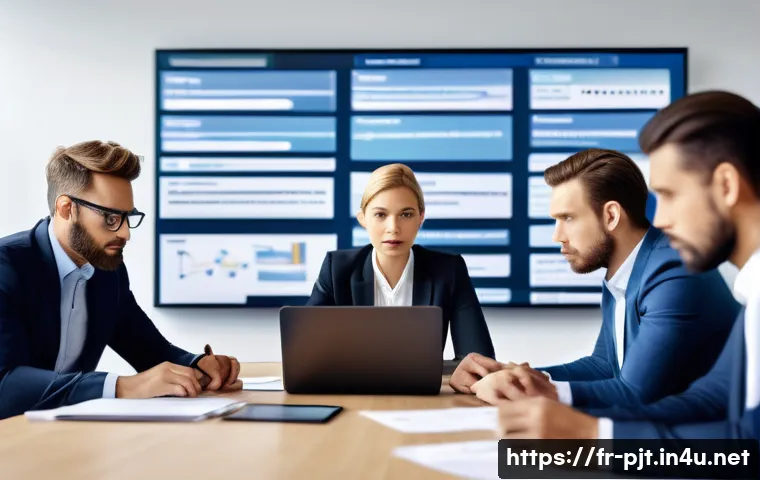 프로젝트 실패 사례 분석과 교훈 - A professional project team in a modern office environment, diverse group of people collaborating ar...