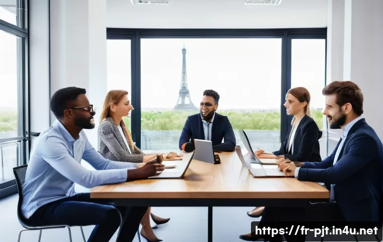 PM과 팀원의 갈등 관리 방법 - A diverse multicultural project team in a modern French office setting, engaged in a respectful and ...