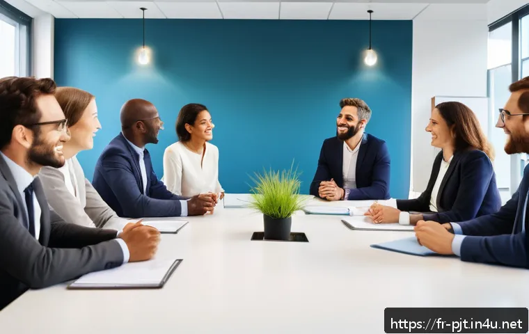 프로젝트 관리 윤리와 책임 - A diverse and inclusive corporate team gathered in a modern office meeting room, engaged in an open ...