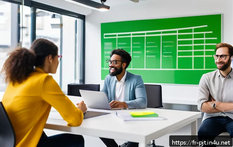 프로젝트 관리와 Agile 방법론 - A modern office scene showing a diverse Agile team in a bright, open workspace collaborating around ...